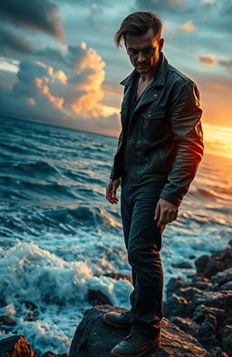 A psychopathic character standing menacingly at the edge of a rocky shoreline, the deep blue sea crashing against the rocks, turbulent waves reflecting a stormy sky