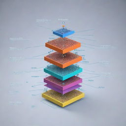 A three-dimensional diagram depicting the structure of a machine learning model, with arrows representing data flow, colored nodes illustrating various layers and weights, and text labels explaining each component.