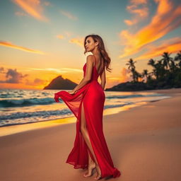 A beautiful girl wearing a flowing red dress with a stylish thigh-high slit, standing gracefully on a sandy beach, gazing towards a picturesque island at sunset