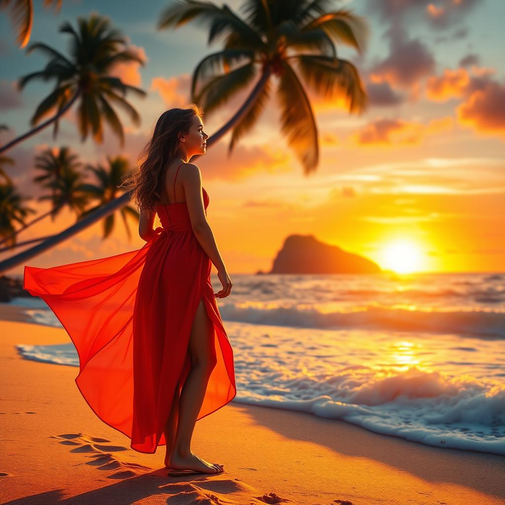 A beautiful girl wearing a flowing red dress with a stylish thigh-high slit, standing gracefully on a sandy beach, gazing towards a picturesque island at sunset