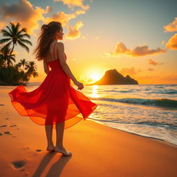 A beautiful girl wearing a flowing red dress with a stylish thigh-high slit, standing gracefully on a sandy beach, gazing towards a picturesque island at sunset