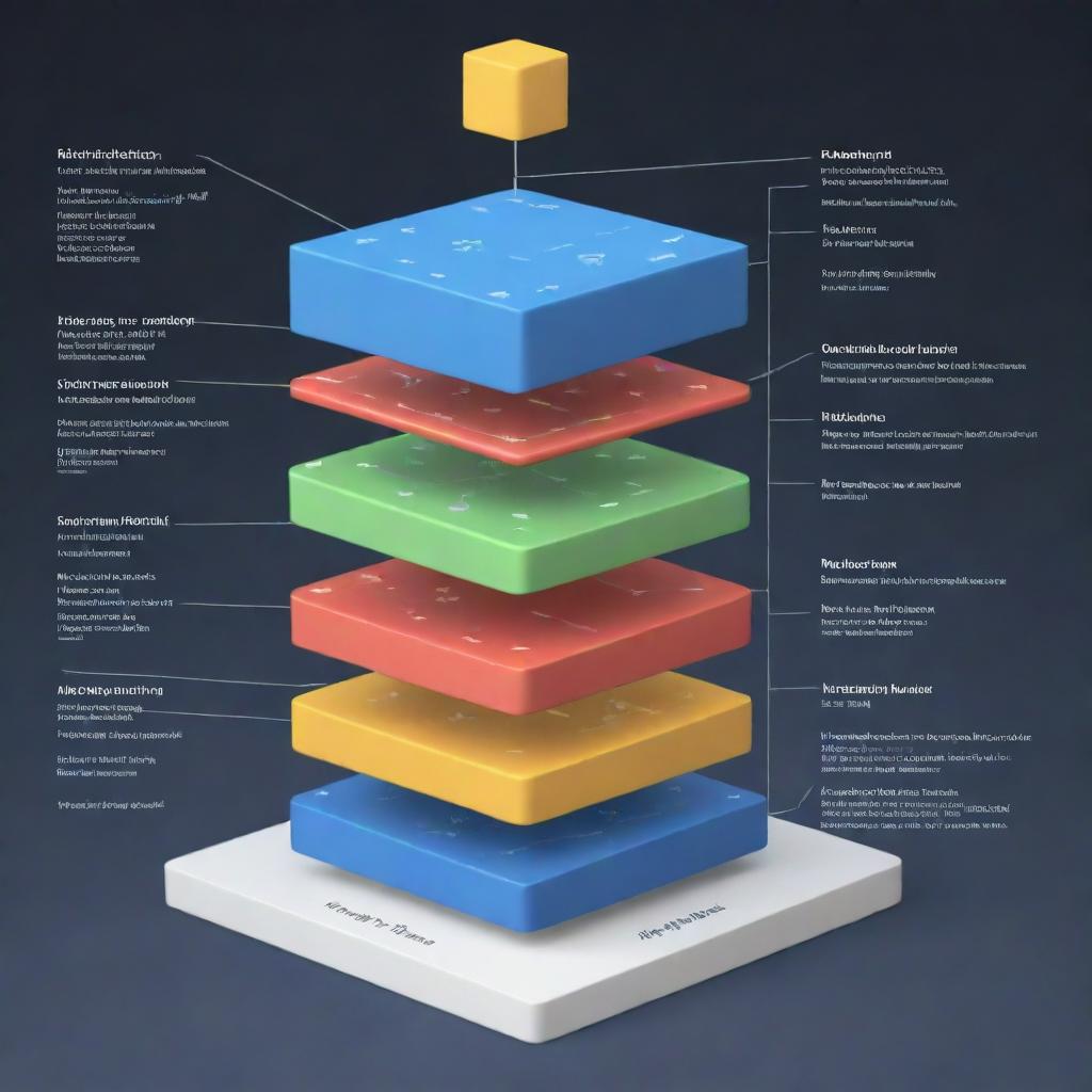 A three-dimensional diagram depicting the structure of a machine learning model, with arrows representing data flow, colored nodes illustrating various layers and weights, and text labels explaining each component.