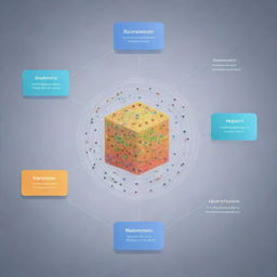 A three-dimensional diagram depicting the structure of a machine learning model, with arrows representing data flow, colored nodes illustrating various layers and weights, and text labels explaining each component.