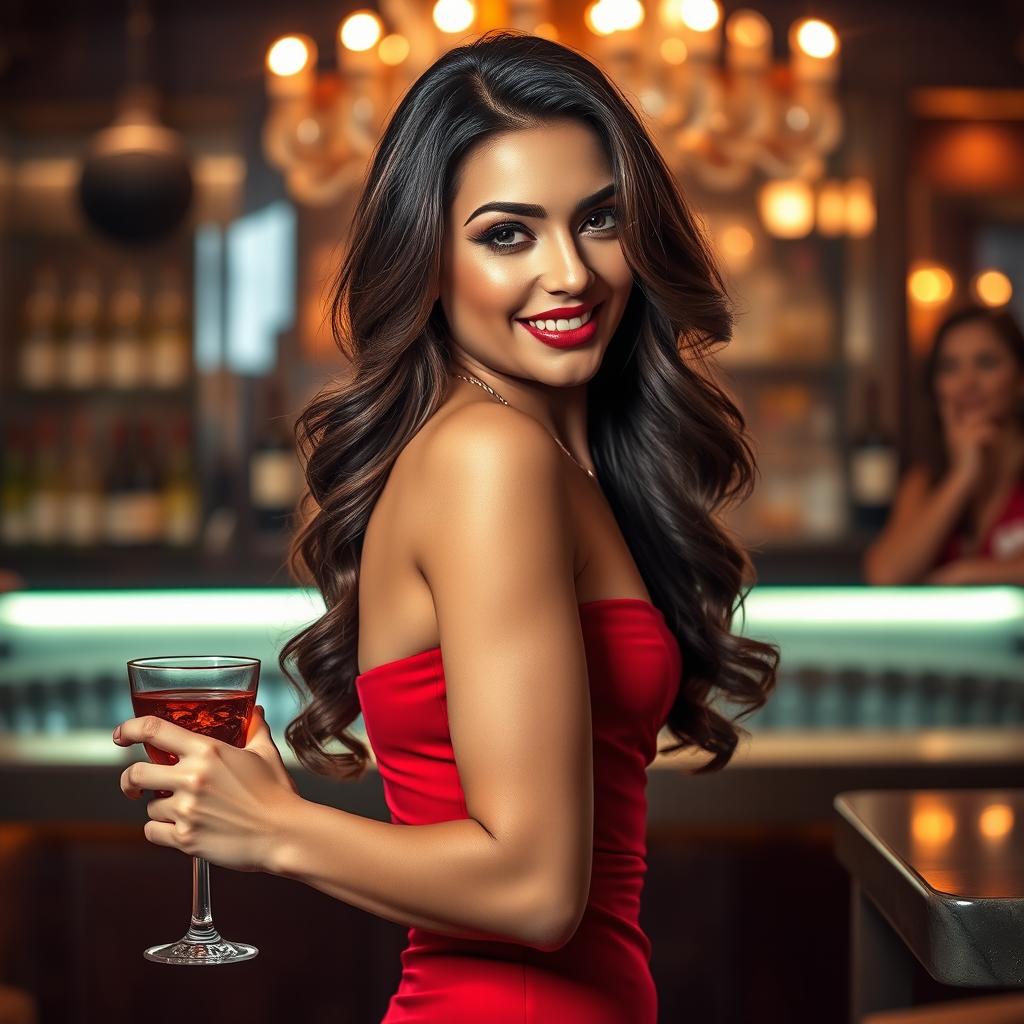 A stylish and seductive scene featuring a glamorous woman named 'Sienna', showcasing a confident pose with an alluring smile