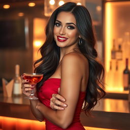 A stylish and seductive scene featuring a glamorous woman named 'Sienna', showcasing a confident pose with an alluring smile