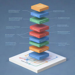 A three-dimensional diagram depicting the structure of a machine learning model, with arrows representing data flow, colored nodes illustrating various layers and weights, and text labels explaining each component.