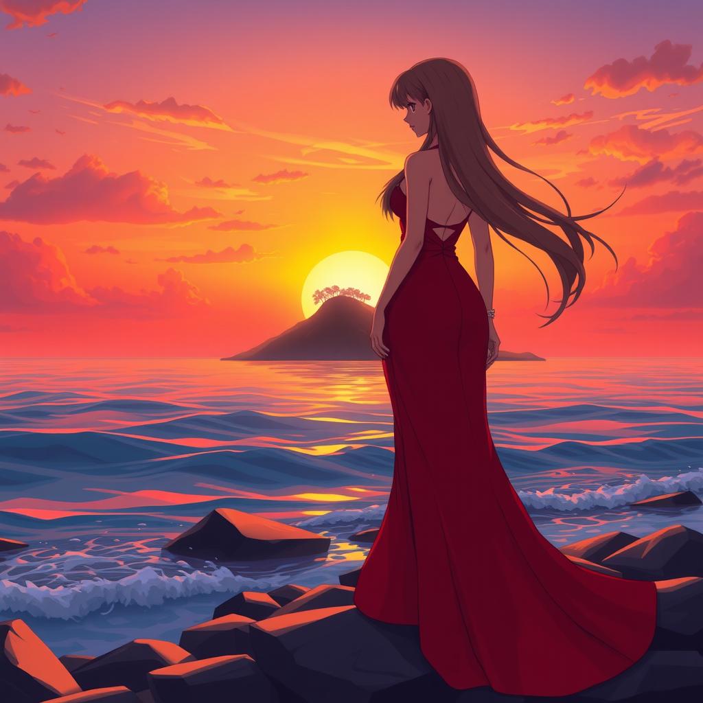 A character girl with long flowing hair, wearing a stunning red dress with an elegant thigh-high slit, stands confidently on a rocky shore, gazing towards a tropical island at sunset