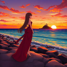 A character girl with long flowing hair, wearing a stunning red dress with an elegant thigh-high slit, stands confidently on a rocky shore, gazing towards a tropical island at sunset