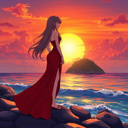 A character girl with long flowing hair, wearing a stunning red dress with an elegant thigh-high slit, stands confidently on a rocky shore, gazing towards a tropical island at sunset