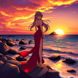 A character girl with long flowing hair, wearing a stunning red dress with an elegant thigh-high slit, stands confidently on a rocky shore, gazing towards a tropical island at sunset