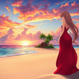 A character girl with long, flowing hair, wearing a stunning red dress with an elegant thigh-high slit, stands proudly on the sandy beach in front of a small tropical island