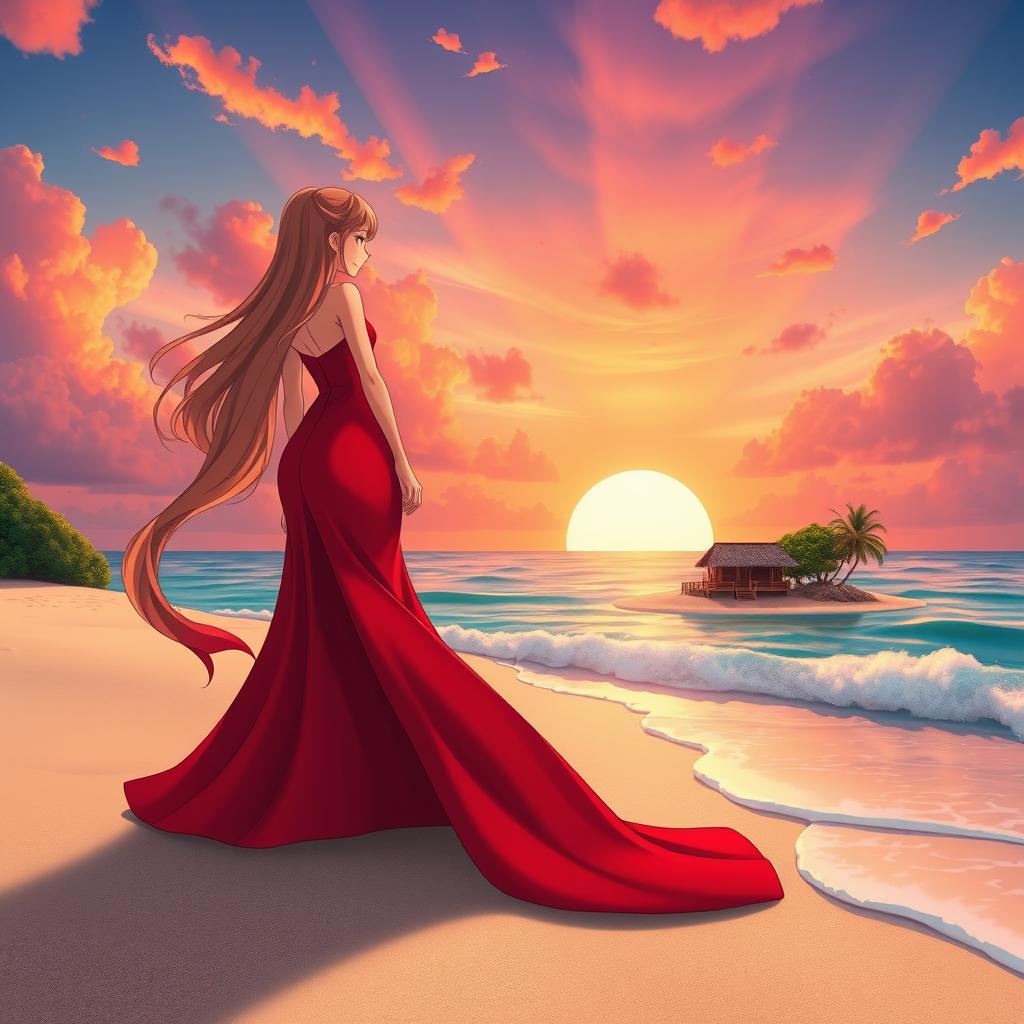 A character girl with long, flowing hair, wearing a stunning red dress with an elegant thigh-high slit, stands proudly on the sandy beach in front of a small tropical island