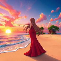 A character girl with long, flowing hair, wearing a stunning red dress with an elegant thigh-high slit, stands proudly on the sandy beach in front of a small tropical island