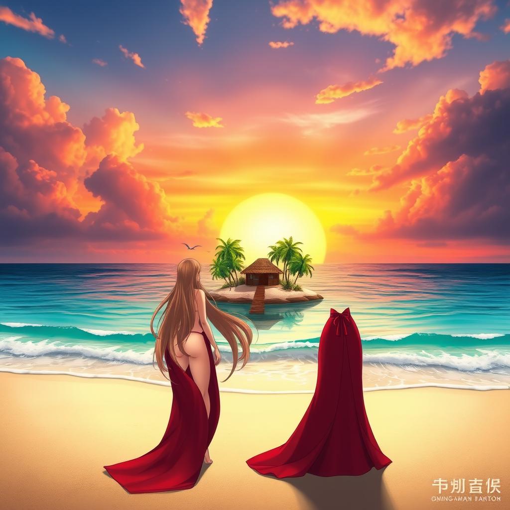 A character girl with long, flowing hair, wearing a stunning red dress with an elegant thigh-high slit, stands proudly on the sandy beach in front of a small tropical island