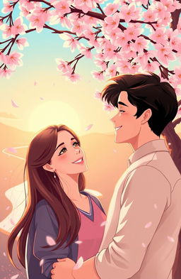 A romantic illustration of a handsome man in his late twenties, with dark hair and a charming smile, gazing lovingly at a young woman in her early twenties, who has long flowing hair and bright eyes