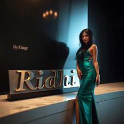 An enticing image showcasing a name plate that reads 'Ridhi', accompanied by an alluring woman in a glamorous pose