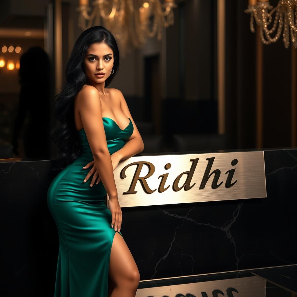 An enticing image showcasing a name plate that reads 'Ridhi', accompanied by an alluring woman in a glamorous pose