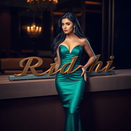 An enticing image showcasing a name plate that reads 'Ridhi', accompanied by an alluring woman in a glamorous pose