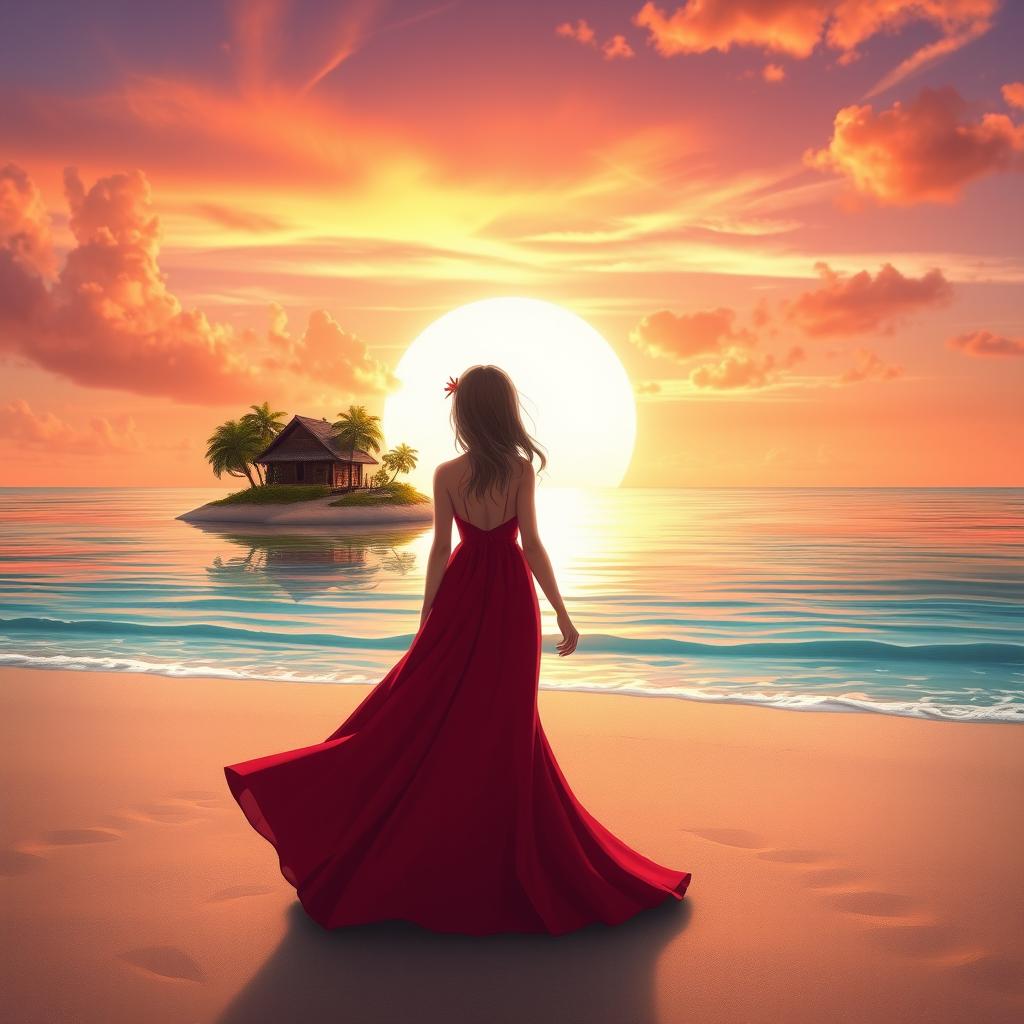 A character girl wearing a flowing red dress with a thigh-high slit stands far away on a sandy beach, facing a beautiful tropical island adorned with a charming wooden hut and lush trees