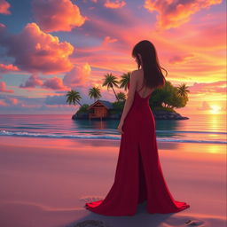 A character girl wearing a flowing red dress with a thigh-high slit stands far away on a sandy beach, facing a beautiful tropical island adorned with a charming wooden hut and lush trees