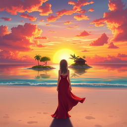 A character girl wearing a flowing red dress with a thigh-high slit stands far away on a sandy beach, facing a beautiful tropical island adorned with a charming wooden hut and lush trees