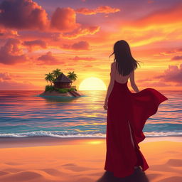 A character girl wearing a flowing red dress with a thigh-high slit stands far away on a sandy beach, facing a beautiful tropical island adorned with a charming wooden hut and lush trees