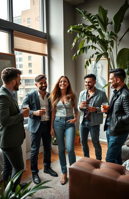 A stylish and elegant woman surrounded by three handsome men, all casually interacting in a modern, chic apartment