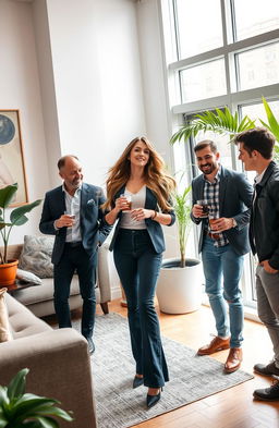 A stylish and elegant woman surrounded by three handsome men, all casually interacting in a modern, chic apartment