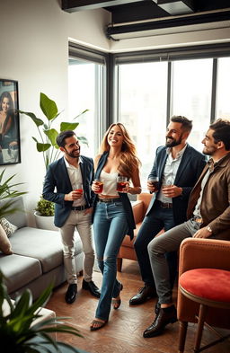 A stylish and elegant woman surrounded by three handsome men, all casually interacting in a modern, chic apartment