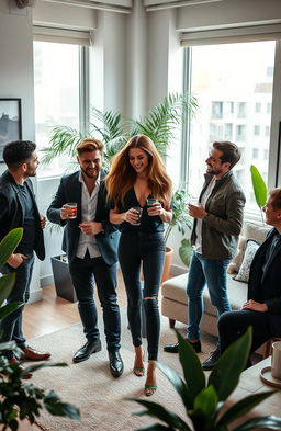 A stylish and elegant woman surrounded by three handsome men, all casually interacting in a modern, chic apartment