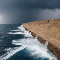 A grand spectacle of the Red Sea, miraculously parted into two towering walls of water, forming a dry path in between for passage, under the stormy, dramatic sky.