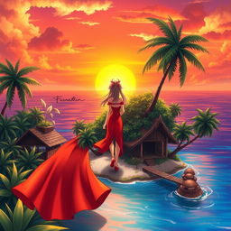 A character girl with flowing hair, wearing a beautiful red-orange dress with a thigh-high slit, stands gracefully on a small tropical island surrounded by lush greenery and towering trees