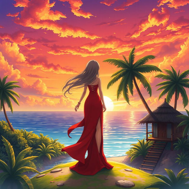 A character girl with flowing hair, wearing a beautiful red-orange dress with a thigh-high slit, stands gracefully on a small tropical island surrounded by lush greenery and towering trees