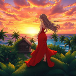 A character girl with flowing hair, wearing a beautiful red-orange dress with a thigh-high slit, stands gracefully on a small tropical island surrounded by lush greenery and towering trees