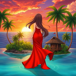 A character girl with flowing hair, wearing a beautiful red-orange dress with a thigh-high slit, stands gracefully on a small tropical island surrounded by lush greenery and towering trees