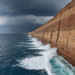 A grand spectacle of the Red Sea, miraculously parted into two towering walls of water, forming a dry path in between for passage, under the stormy, dramatic sky.