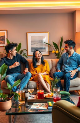 A cheerful and vibrant scene depicting one Asian woman in a cozy living room with three handsome Asian men