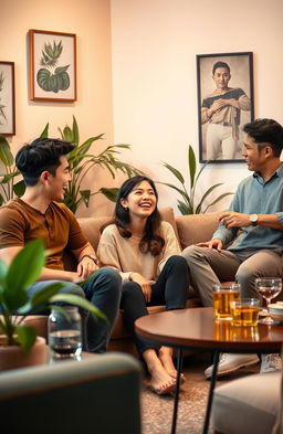 A cheerful and vibrant scene depicting one Asian woman in a cozy living room with three handsome Asian men