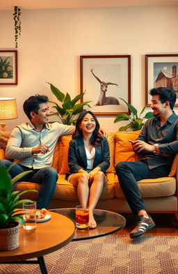 A cheerful and vibrant scene depicting one Asian woman in a cozy living room with three handsome Asian men