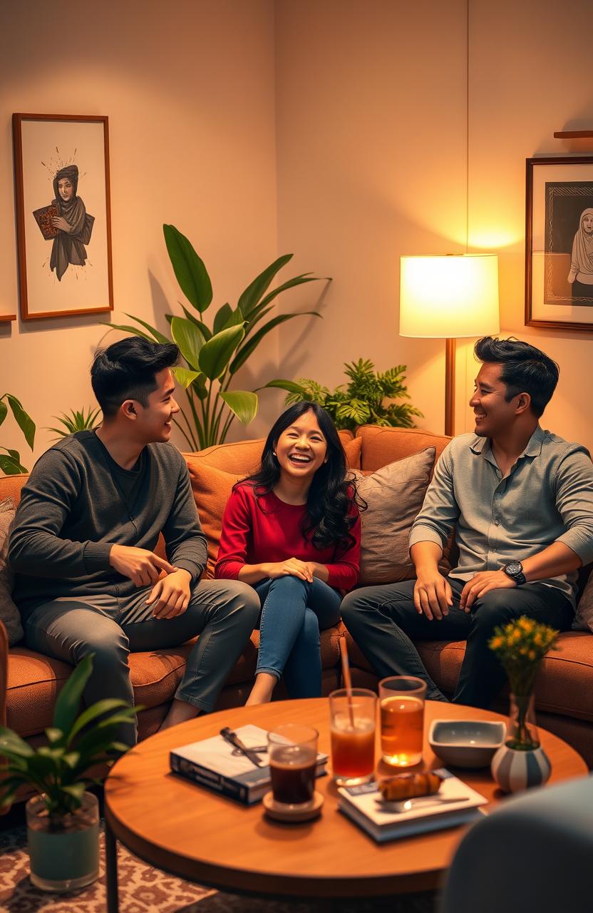 A cheerful and vibrant scene depicting one Asian woman in a cozy living room with three handsome Asian men