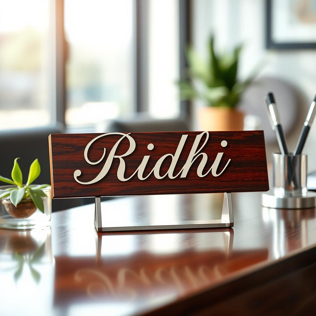 An elegant and visually appealing image of a name plate that reads 'Ridhi' in a beautiful cursive font