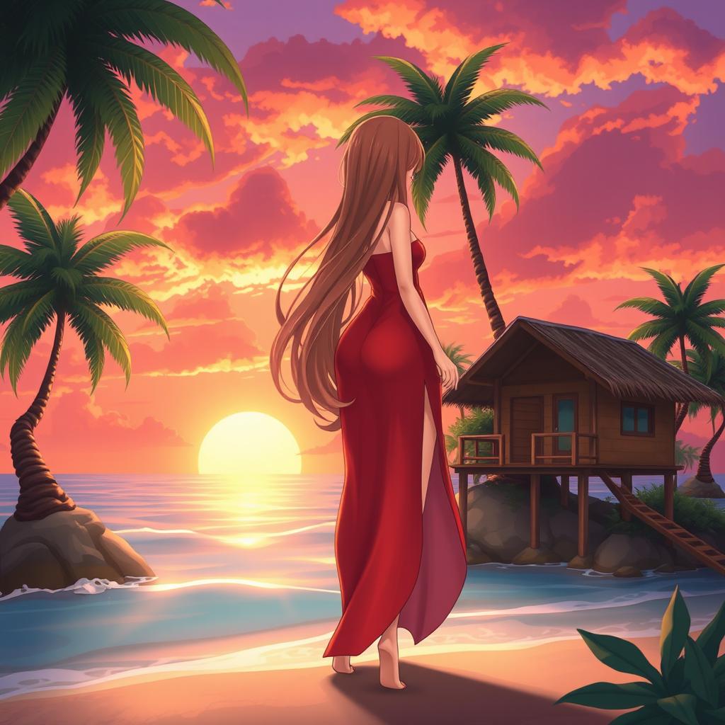 A character girl with long, flowing hair, wearing a vibrant red-orange dress with a stylish thigh-high slit, stands gracefully on a tropical island