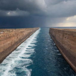 A grand spectacle of the Red Sea, miraculously parted into two towering walls of water, forming a dry path in between for passage, under the stormy, dramatic sky.