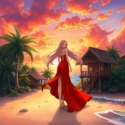 A character girl with long, flowing hair, wearing a vibrant red-orange dress with a stylish thigh-high slit, stands gracefully on a tropical island