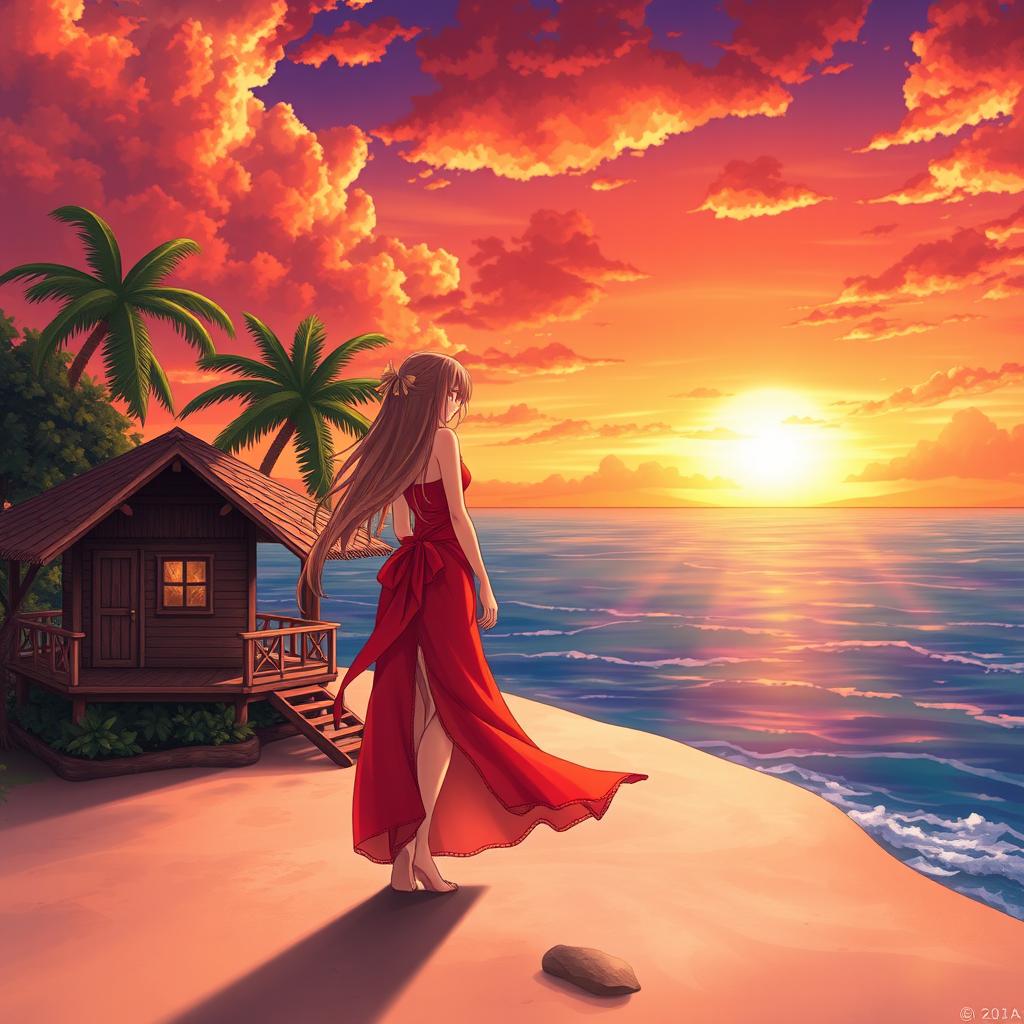 A character girl with long, flowing hair, wearing a vibrant red-orange dress with a stylish thigh-high slit, stands gracefully on a tropical island