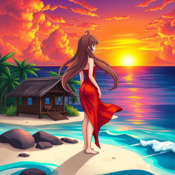 A character girl with long, flowing hair, wearing a vibrant red-orange dress with a stylish thigh-high slit, stands gracefully on a tropical island