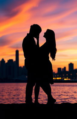 A silhouette of a romantic triangle love story featuring three figures in an intertwined pose, set against a stunning twilight backdrop