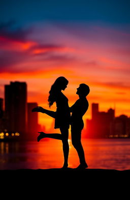 A silhouette of a romantic triangle love story featuring three figures in an intertwined pose, set against a stunning twilight backdrop