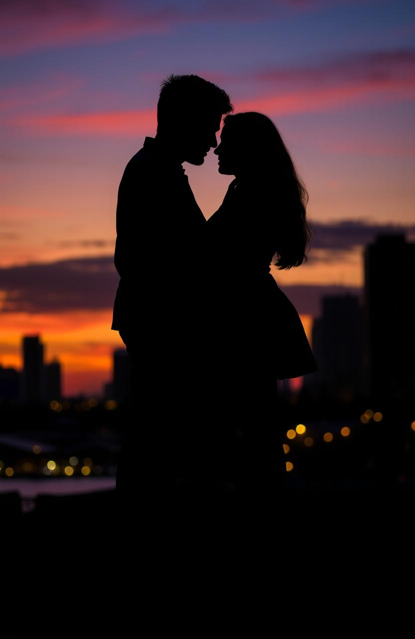 A silhouette of a romantic triangle love story featuring three figures in an intertwined pose, set against a stunning twilight backdrop