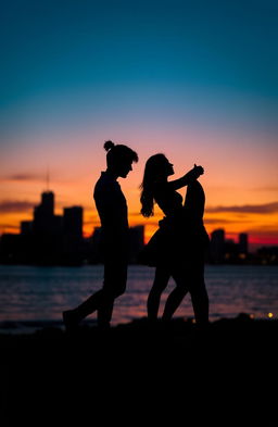 A silhouette of a romantic triangle love story featuring three figures in an intertwined pose, set against a stunning twilight backdrop